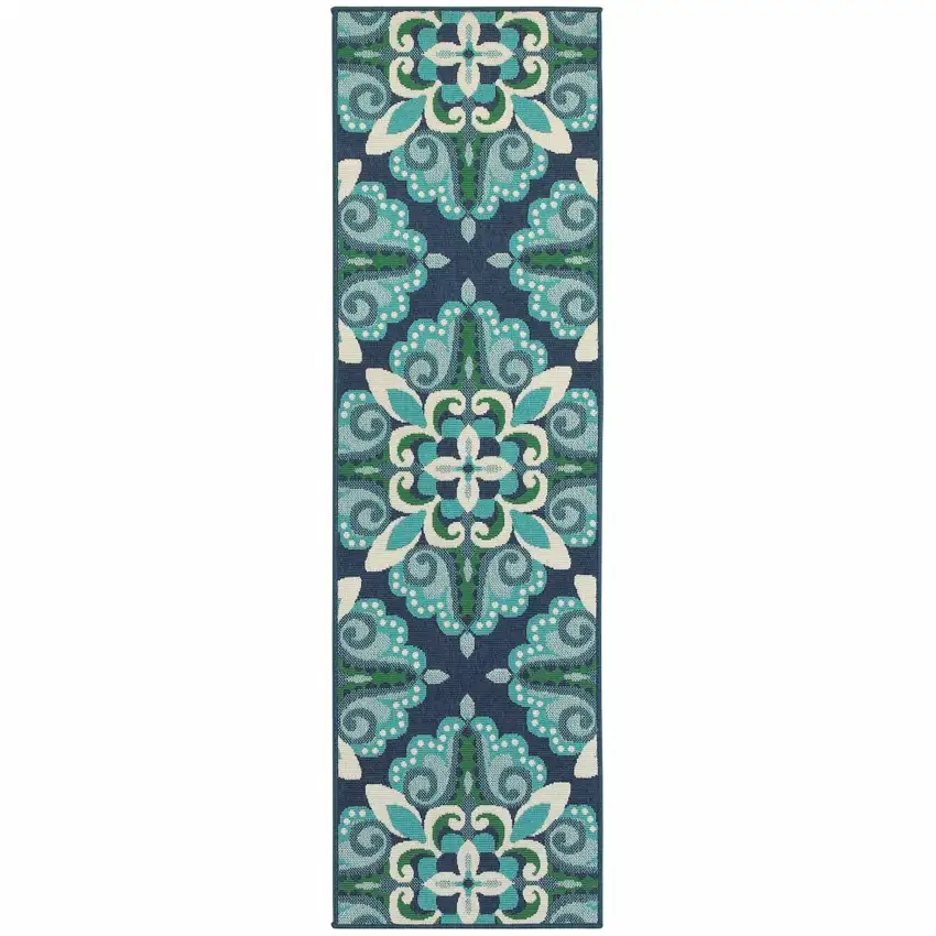 Blue and Green Floral Indoor Outdoor Runner Rug Photo 1