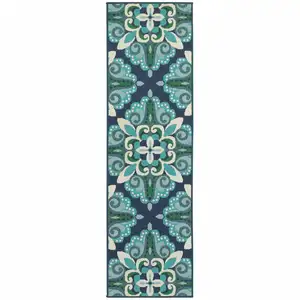 Photo of Blue and Green Floral Indoor Outdoor Runner Rug