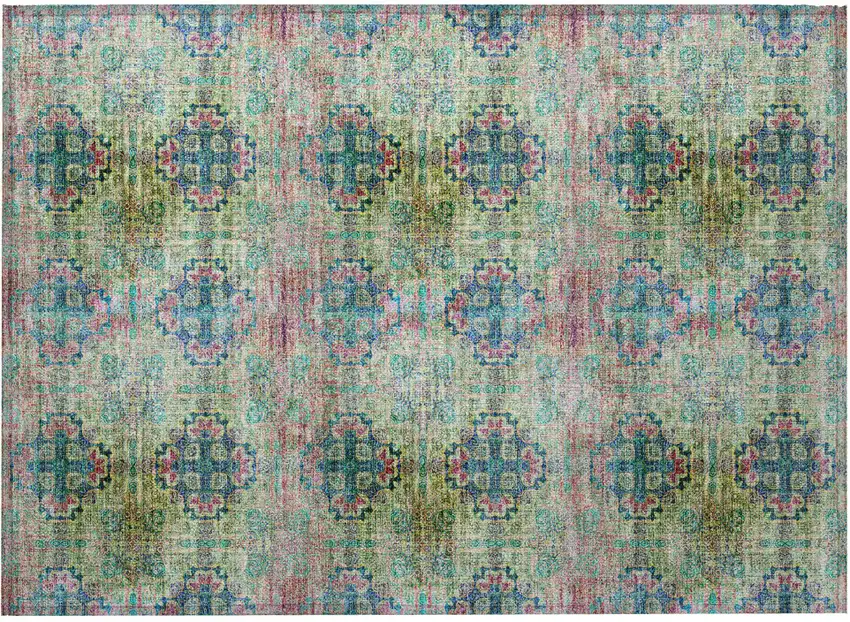 Blue and Green Floral Medallion Washable Non Skid Indoor Outdoor Area Rug Photo 5
