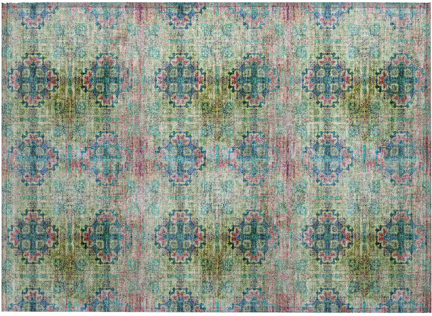 Blue and Green Floral Medallion Washable Non Skid Indoor Outdoor Area Rug Photo 2