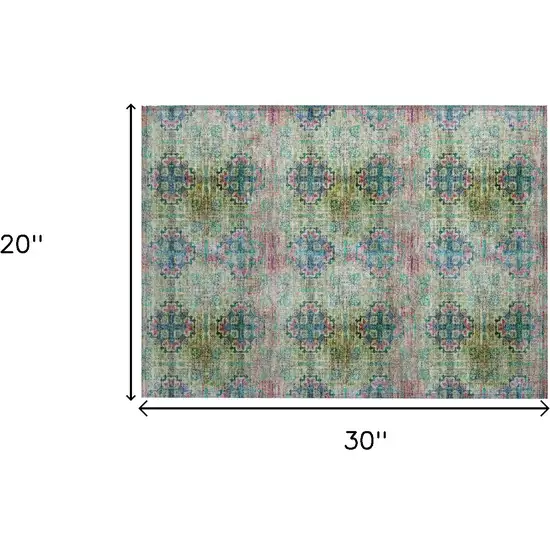 Blue and Green Floral Medallion Washable Non Skid Indoor Outdoor Area Rug Photo 3