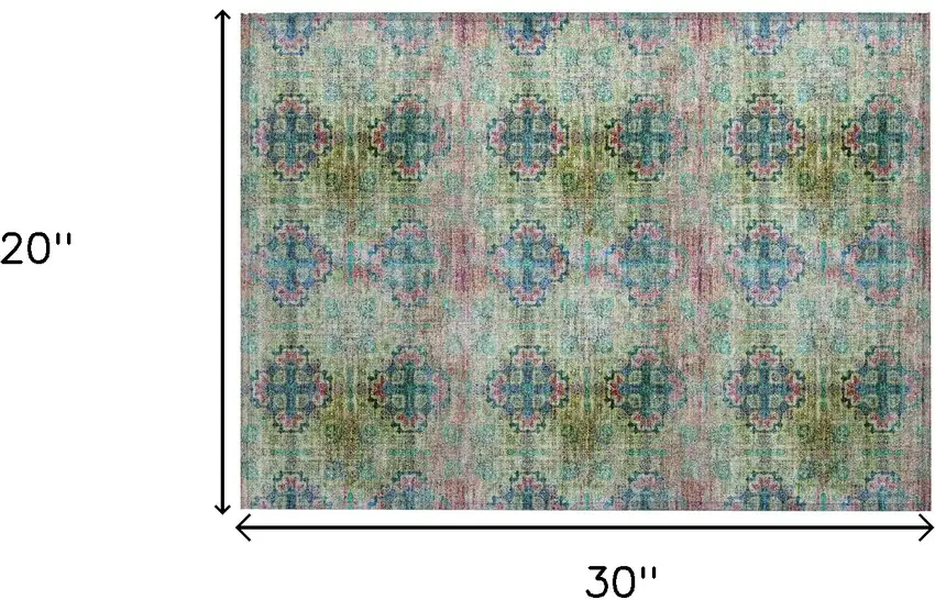 Blue and Green Floral Medallion Washable Non Skid Indoor Outdoor Area Rug Photo 3