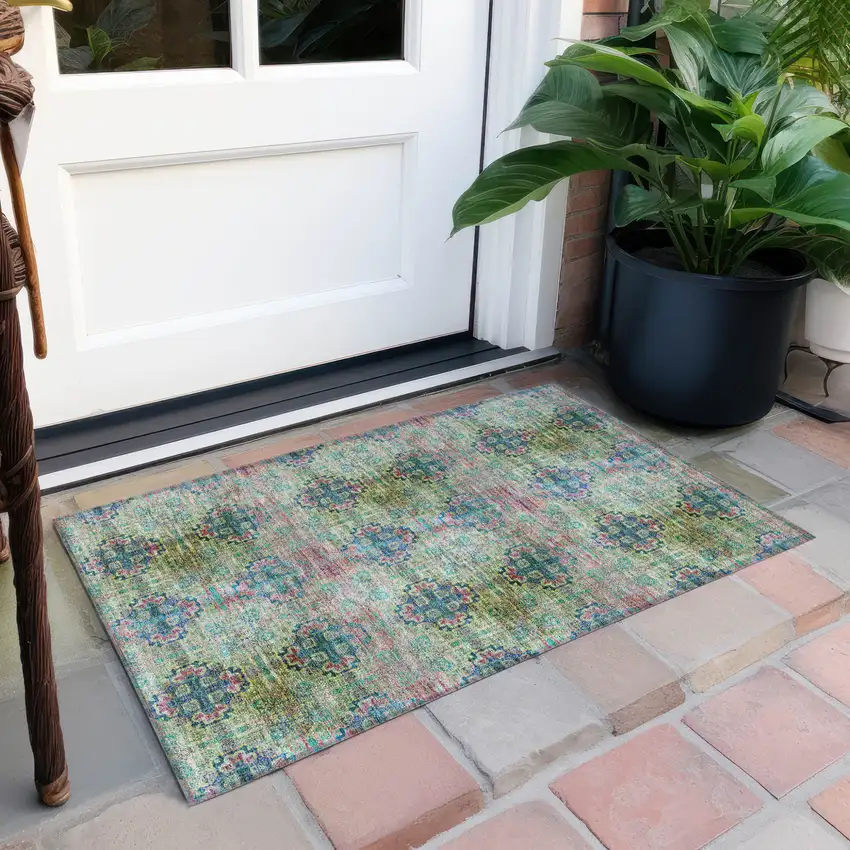 Blue and Green Floral Medallion Washable Non Skid Indoor Outdoor Area Rug Photo 9