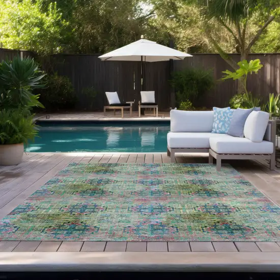 Blue and Green Floral Medallion Washable Non Skid Indoor Outdoor Area Rug Photo 9