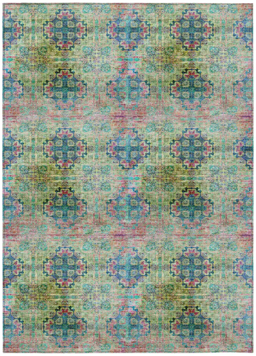 Blue and Green Floral Medallion Washable Non Skid Indoor Outdoor Area Rug Photo 2