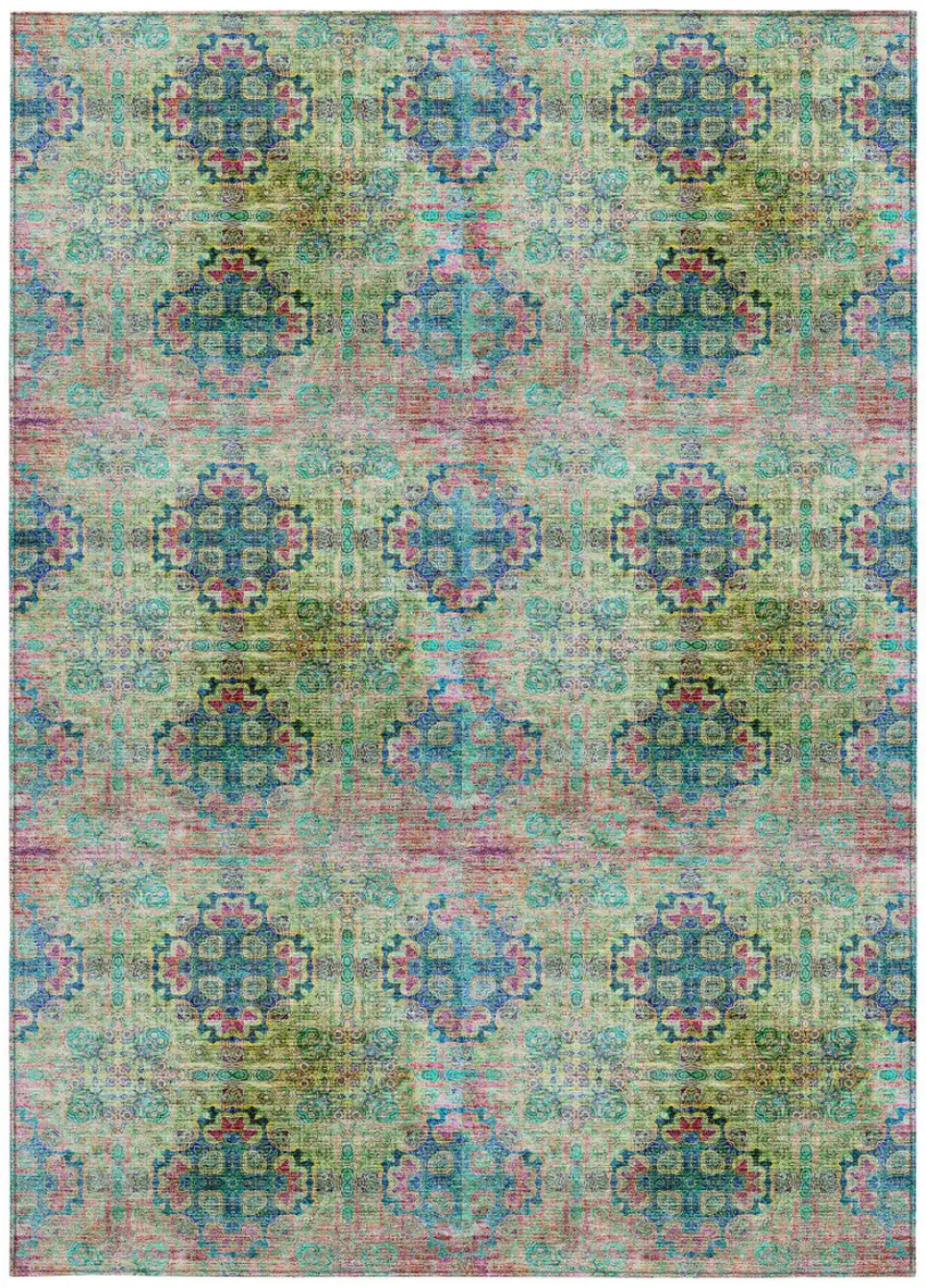 Blue and Green Floral Medallion Washable Non Skid Indoor Outdoor Area Rug Photo 2