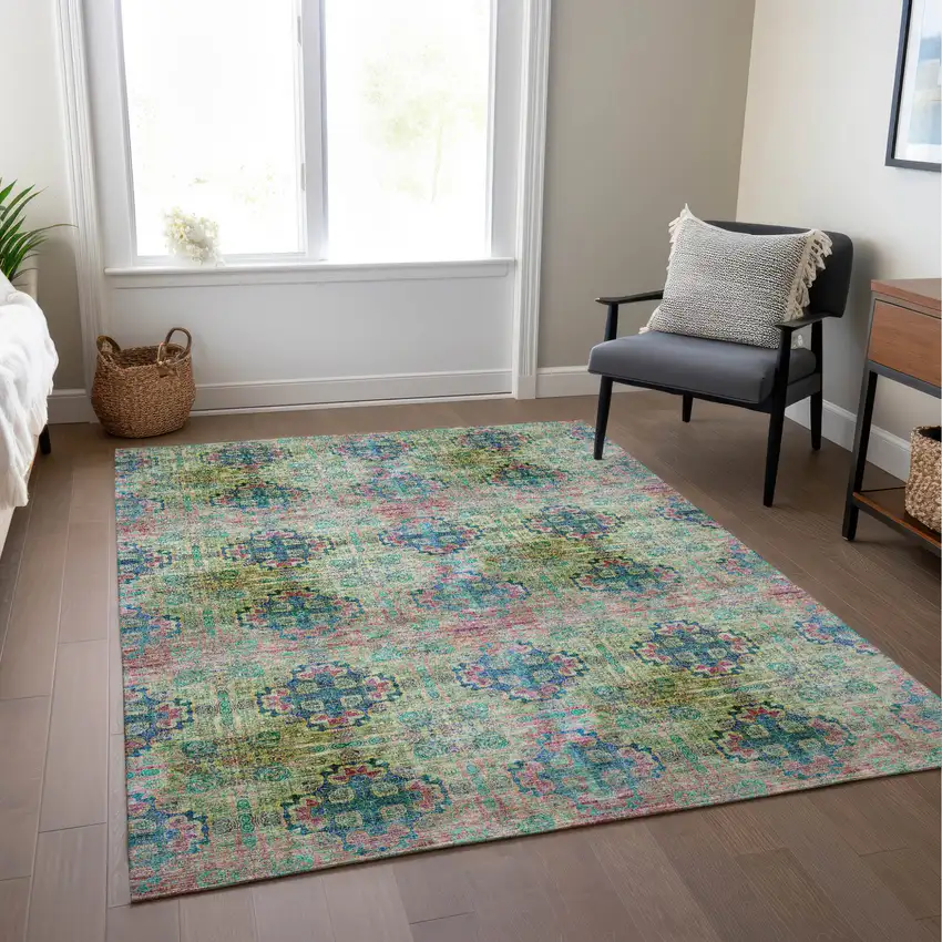 Blue and Green Floral Medallion Washable Non Skid Indoor Outdoor Area Rug Photo 9