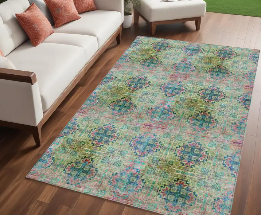 Blue and Green Floral Medallion Washable Non Skid Indoor Outdoor Area Rug Photo 1