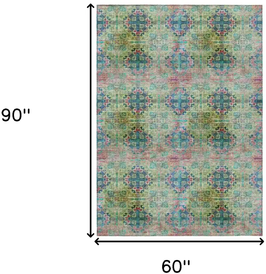 Blue and Green Floral Medallion Washable Non Skid Indoor Outdoor Area Rug Photo 3