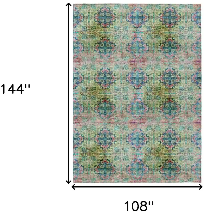 Blue and Green Floral Medallion Washable Non Skid Indoor Outdoor Area Rug Photo 3