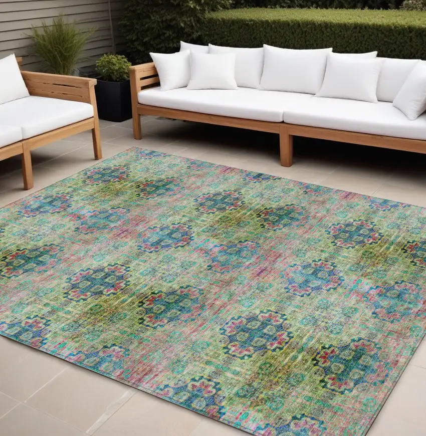 Blue and Green Floral Medallion Washable Non Skid Indoor Outdoor Area Rug Photo 1