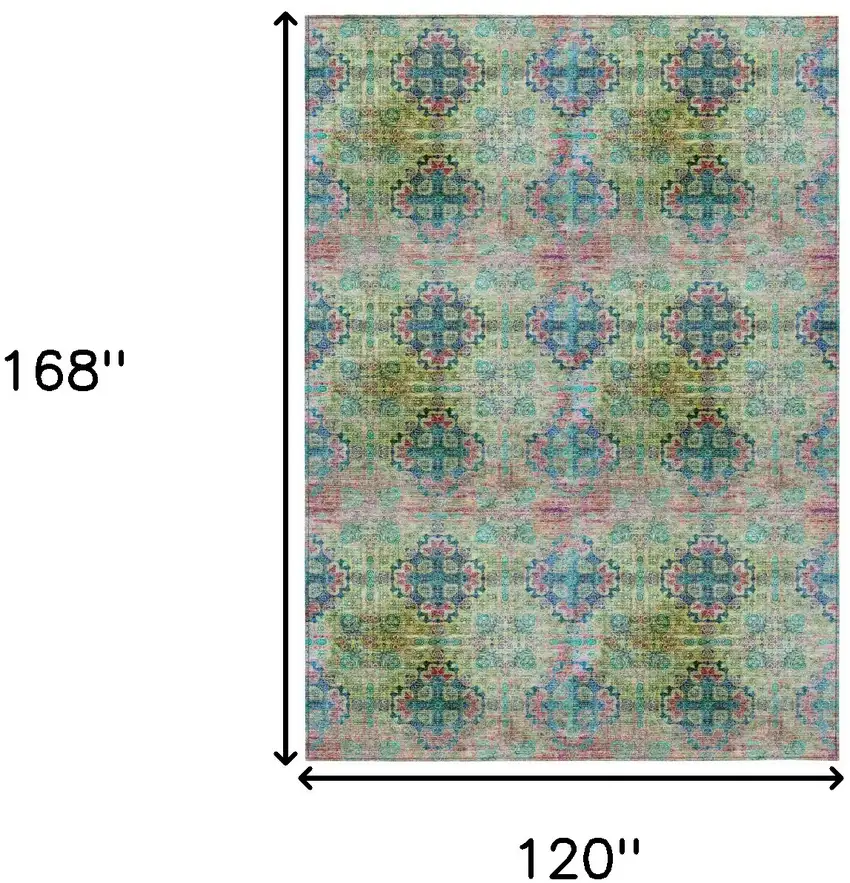 Blue and Green Floral Medallion Washable Non Skid Indoor Outdoor Area Rug Photo 3