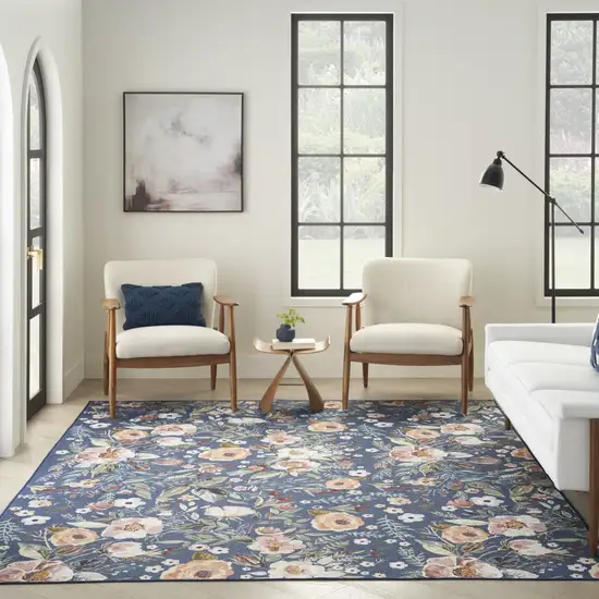 5' X 7' Blue and Green Floral Power Loom Washable Non Skid Area Rug Photo 5