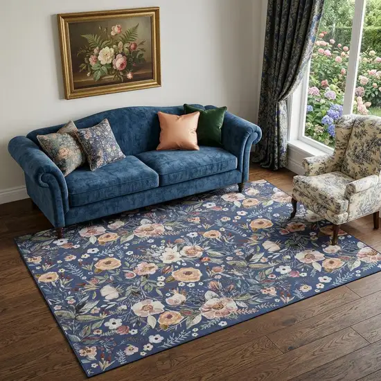 5' X 7' Blue and Green Floral Power Loom Washable Non Skid Area Rug Photo 1