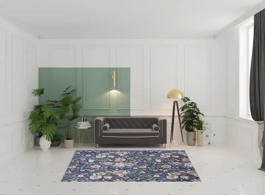 Blue and Green Floral Power Loom Washable Non Skid Area Rug Photo 2