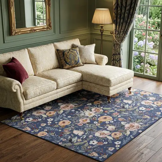 Blue and Green Floral Power Loom Washable Non Skid Area Rug Photo 1