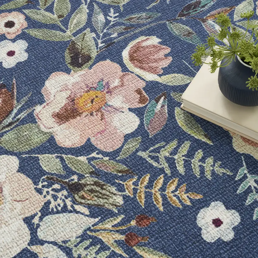 Blue and Green Floral Power Loom Washable Non Skid Area Rug Photo 9
