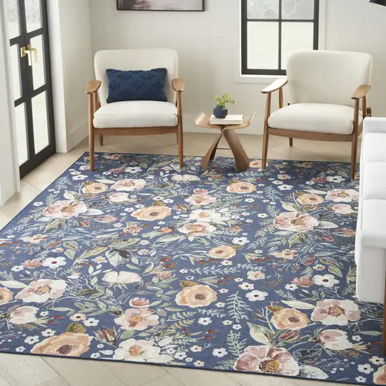 Blue and Green Floral Power Loom Washable Non Skid Area Rug Photo 5