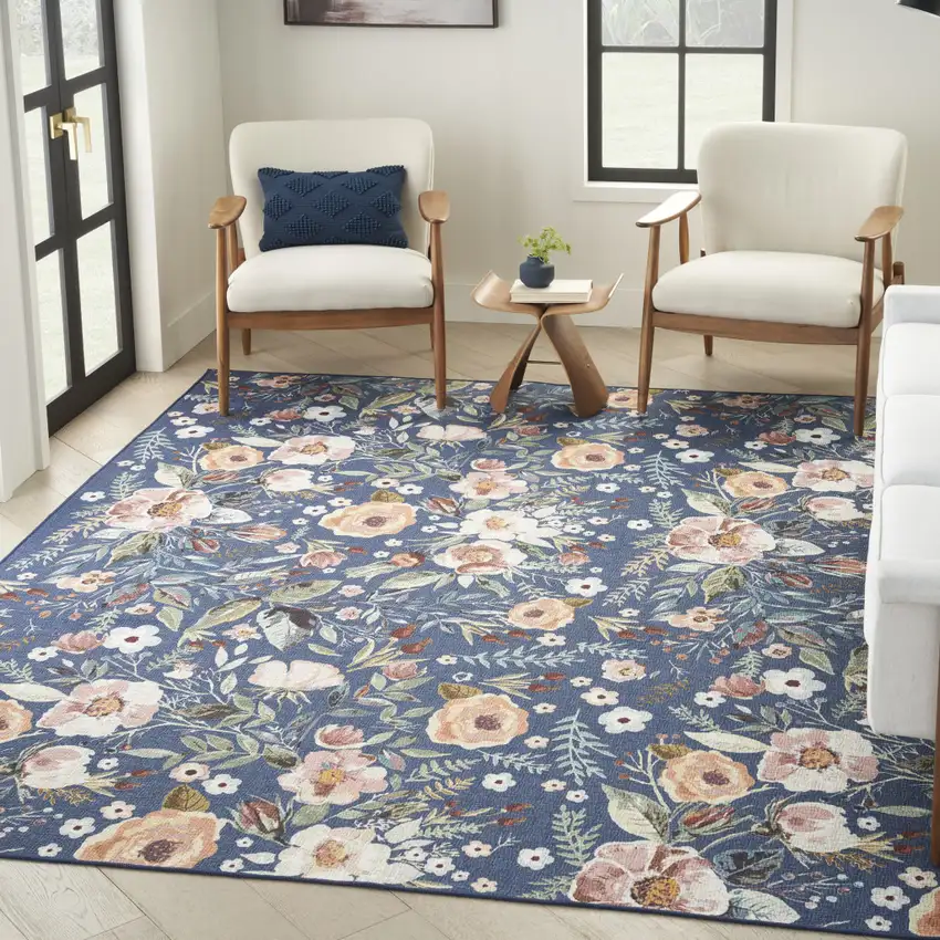 Blue and Green Floral Power Loom Washable Non Skid Area Rug Photo 5