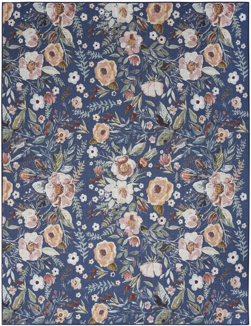 Blue and Green Floral Power Loom Washable Non Skid Area Rug Photo 1