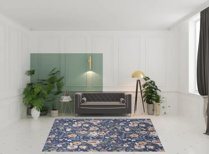 Blue and Green Floral Power Loom Washable Non Skid Area Rug Photo 2