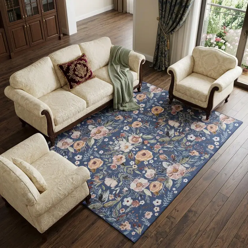 Blue and Green Floral Power Loom Washable Non Skid Area Rug Photo 1