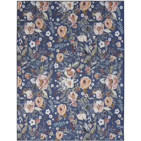 Blue and Green Floral Power Loom Washable Non Skid Area Rug Photo 2