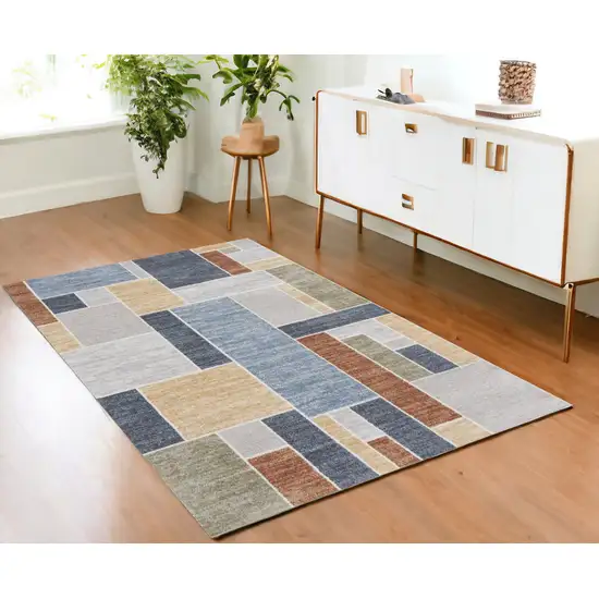Blue and Green Geometric Power Loom Washable Area Rug Photo 1