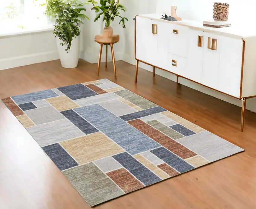 Blue and Green Geometric Power Loom Washable Area Rug Photo 1