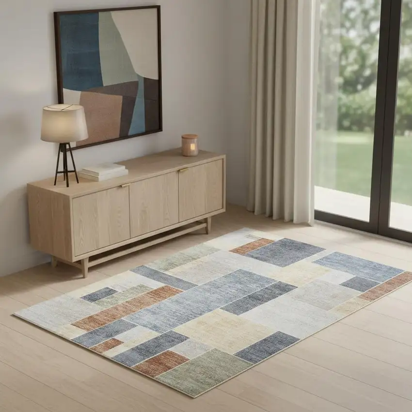 Blue and Green Geometric Power Loom Washable Area Rug Photo 1