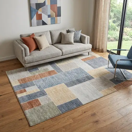 Blue and Green Geometric Power Loom Washable Area Rug Photo 1