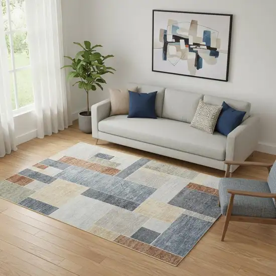 Blue and Green Geometric Power Loom Washable Area Rug Photo 1