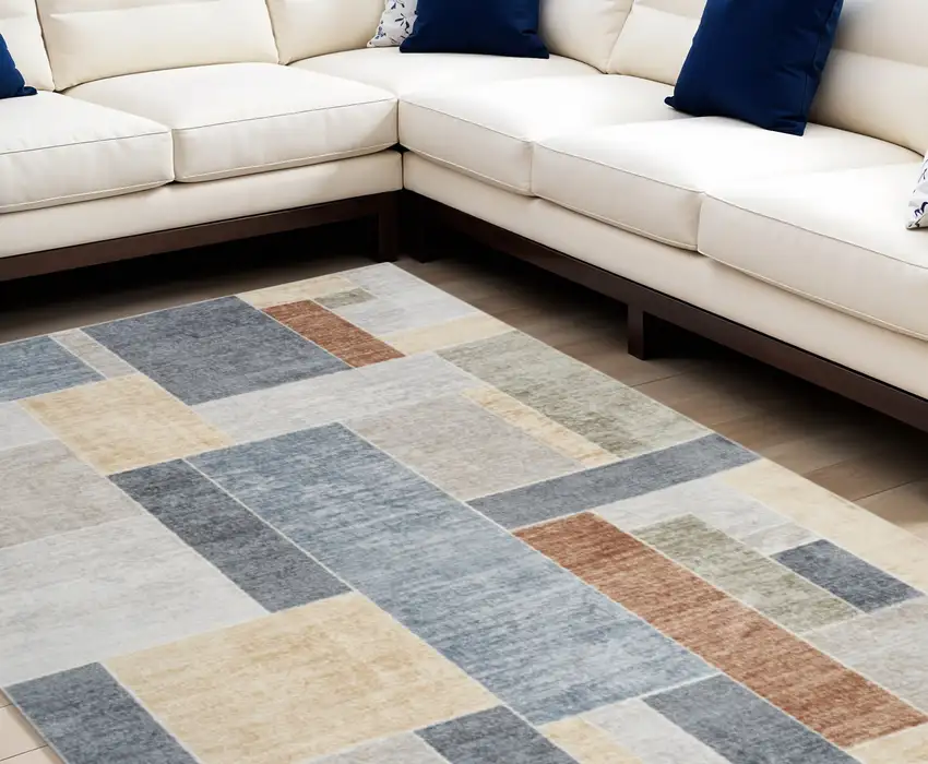 Blue and Green Geometric Power Loom Washable Area Rug Photo 1