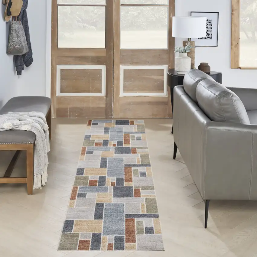 Blue and Green Geometric Power Loom Washable Runner Rug Photo 9