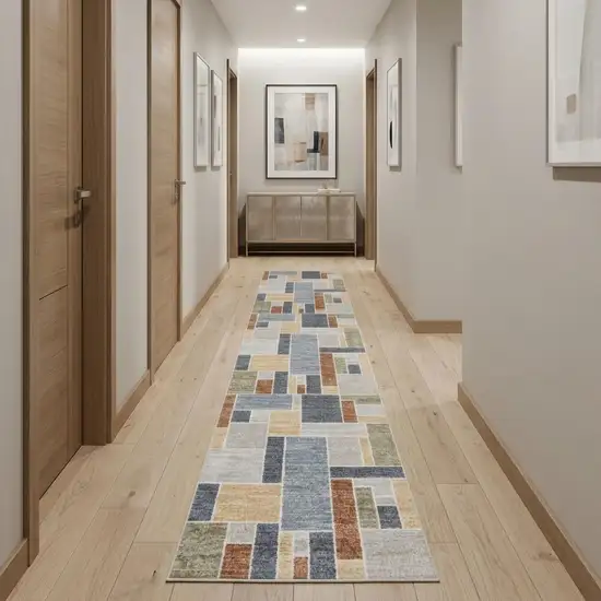 12' Blue And Green Geometric Washable Runner Rug Photo 1