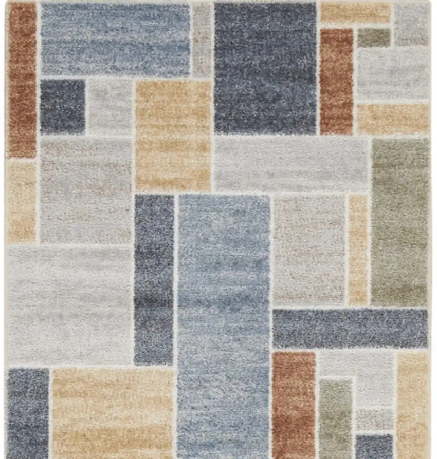 Blue and Green Geometric Power Loom Washable Runner Rug Photo 4