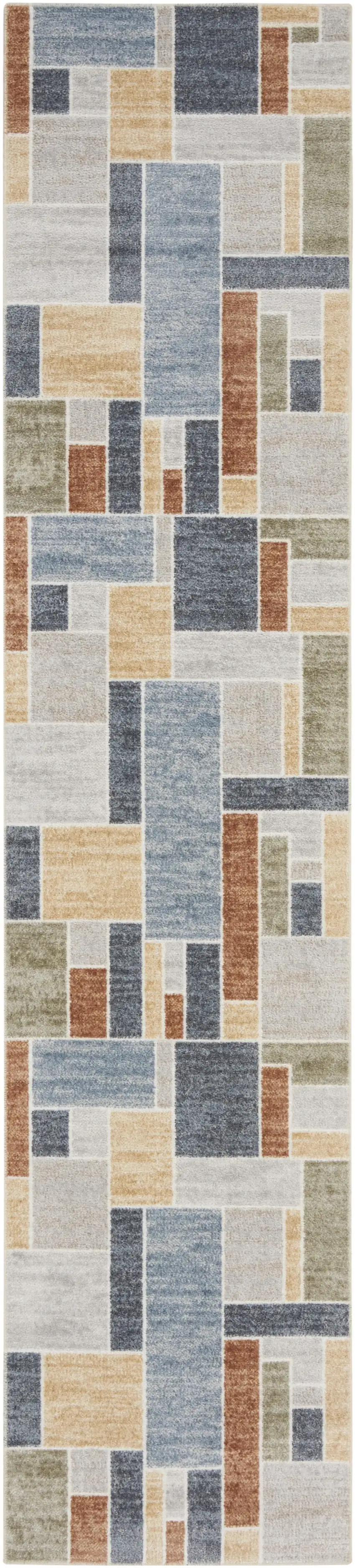 Blue and Green Geometric Power Loom Washable Runner Rug Photo 2