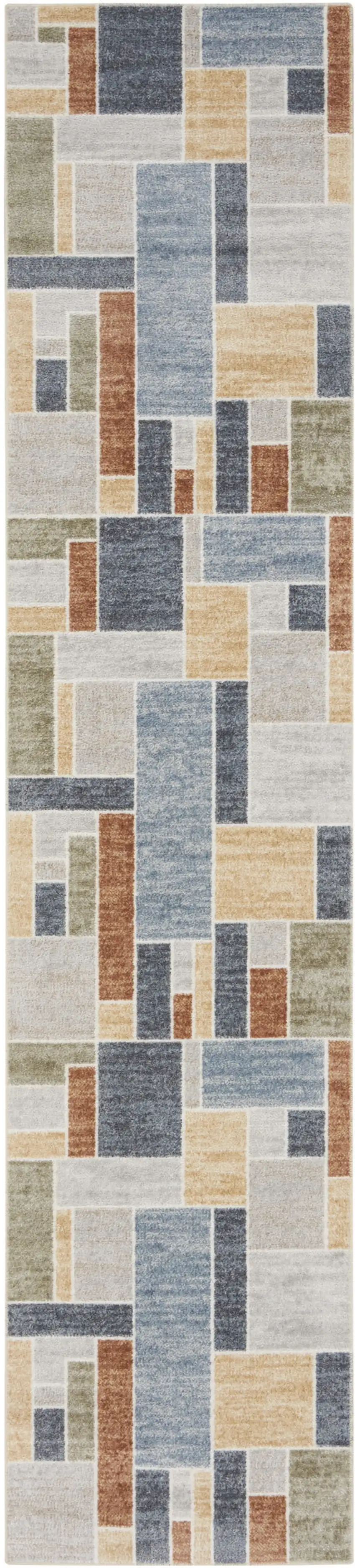 Blue and Green Geometric Power Loom Washable Runner Rug Photo 2