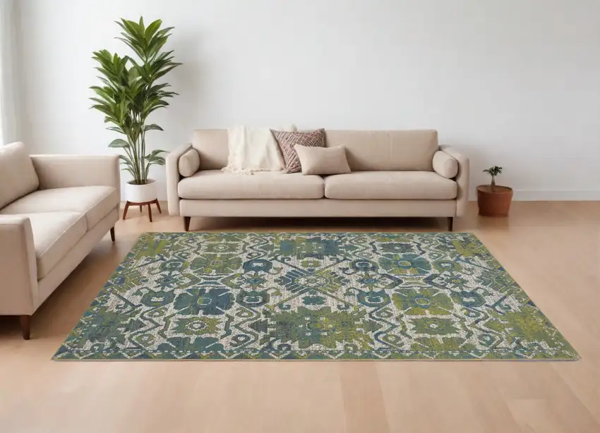 Blue and Green Oriental Power Loom Area Rug Photo 1