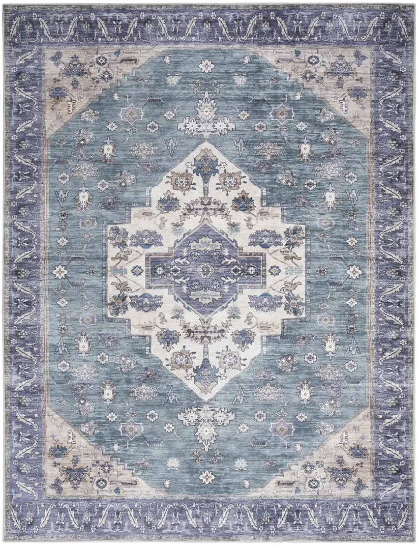 Blue and Green Oriental Power Loom Distressed Washable Non Skid Area Rug Photo 1