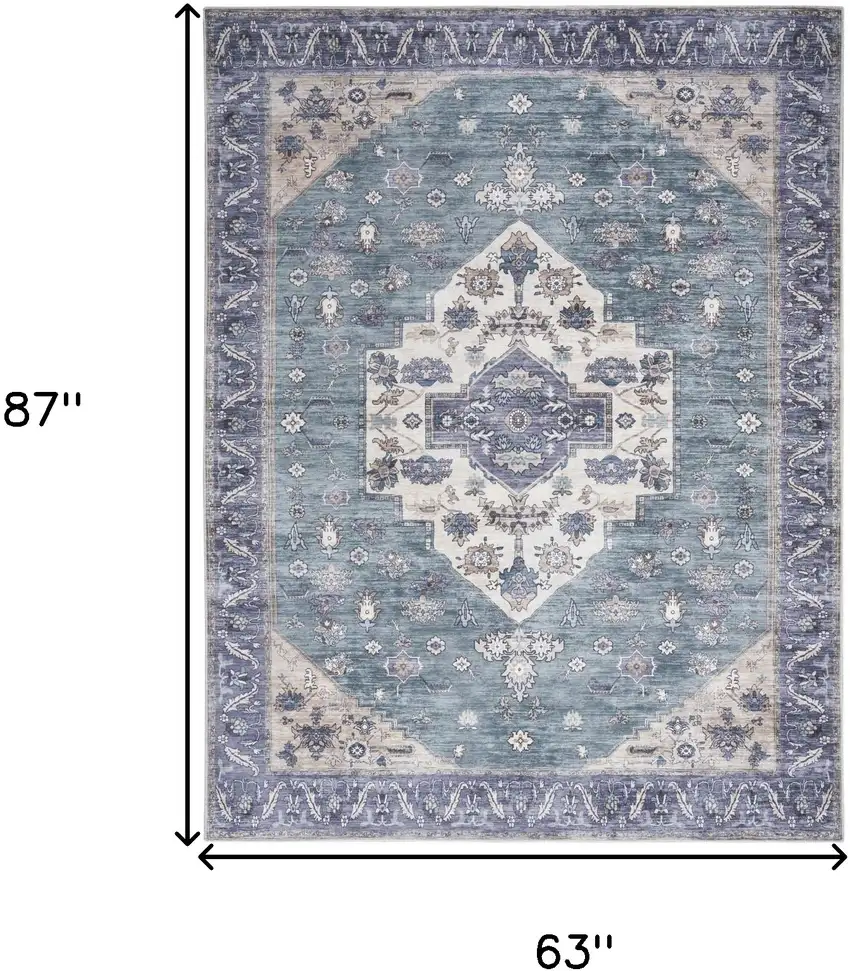 Blue and Green Oriental Power Loom Distressed Washable Non Skid Area Rug Photo 10
