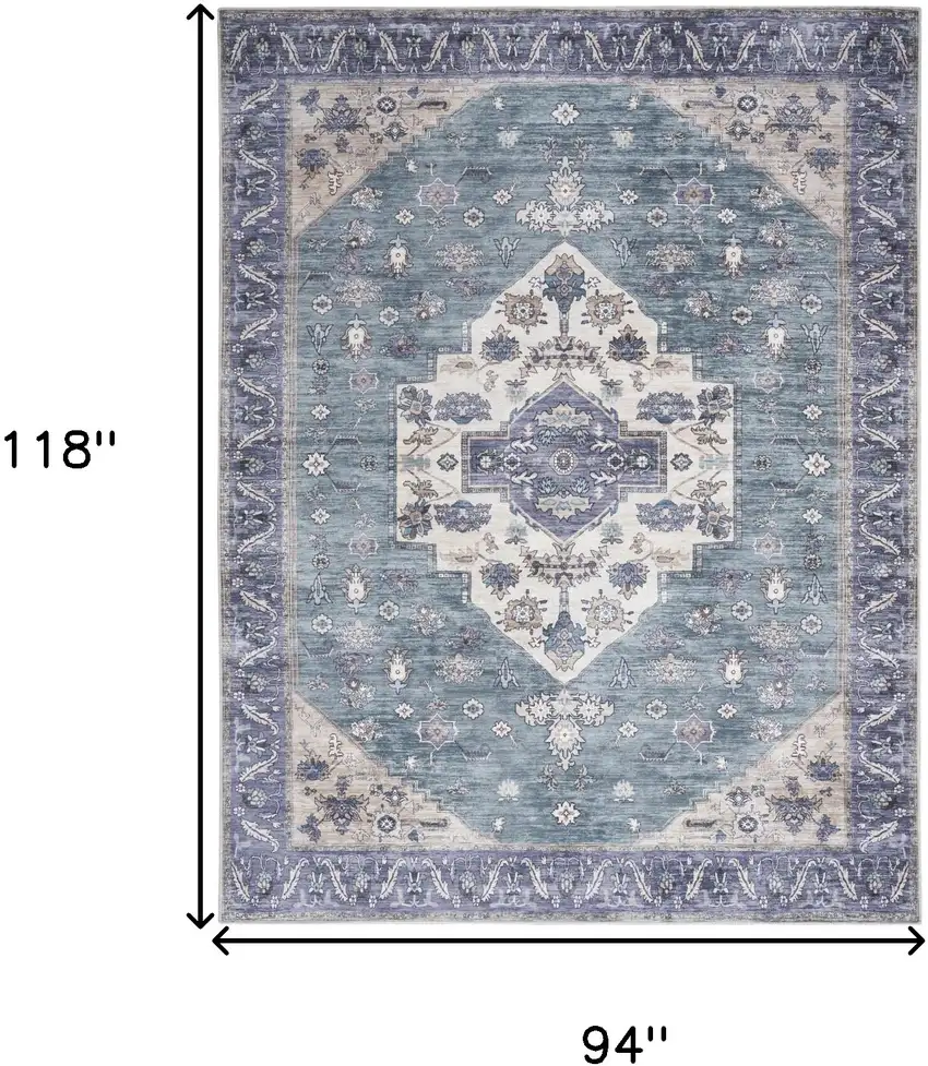 Blue and Green Oriental Power Loom Distressed Washable Non Skid Area Rug Photo 10