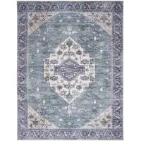 Photo of Blue and Green Oriental Power Loom Distressed Washable Non Skid Area Rug