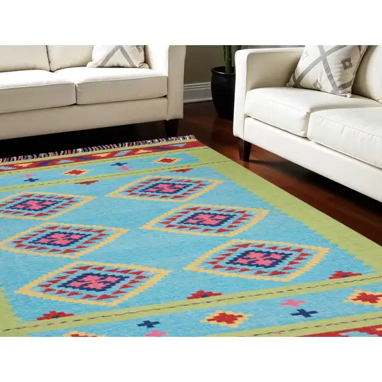 Blue and Green Southwestern Handmade Area Rug With Fringe Photo 1