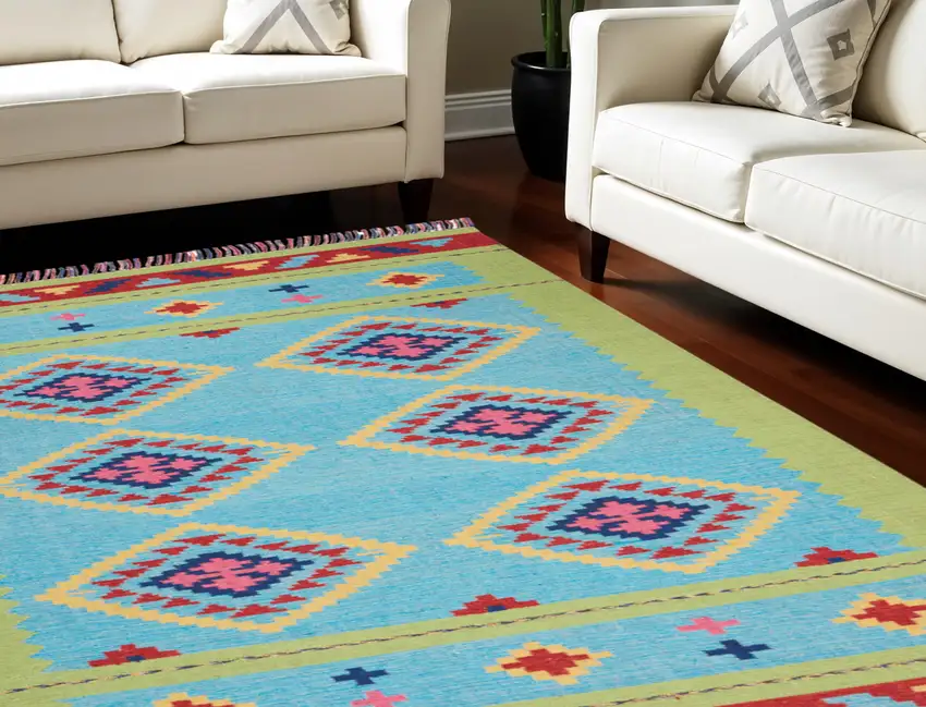 Blue and Green Southwestern Handmade Area Rug With Fringe Photo 1