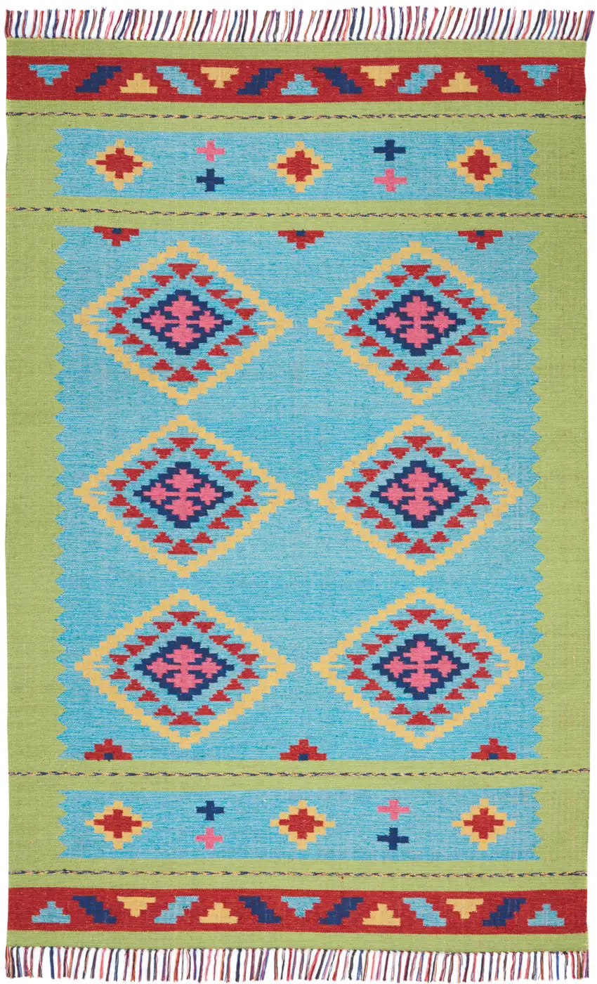 Blue and Green Southwestern Handmade Area Rug With Fringe Photo 2