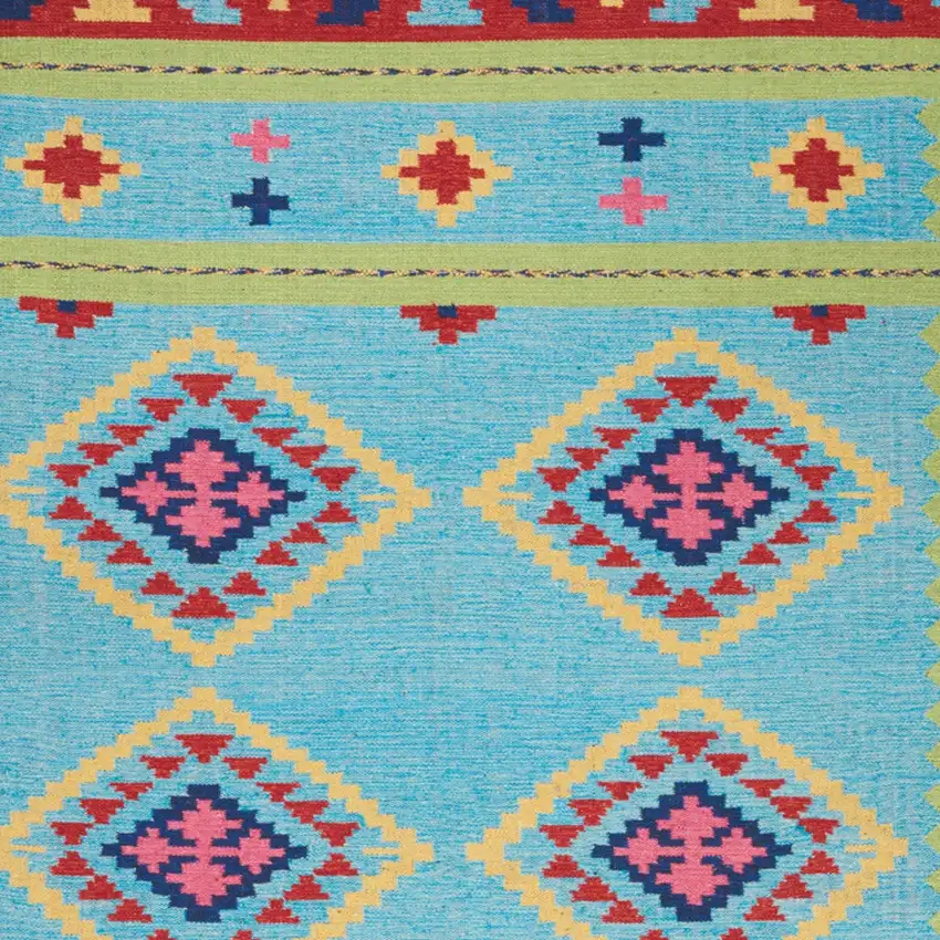 Blue and Green Southwestern Handmade Area Rug With Fringe Photo 8