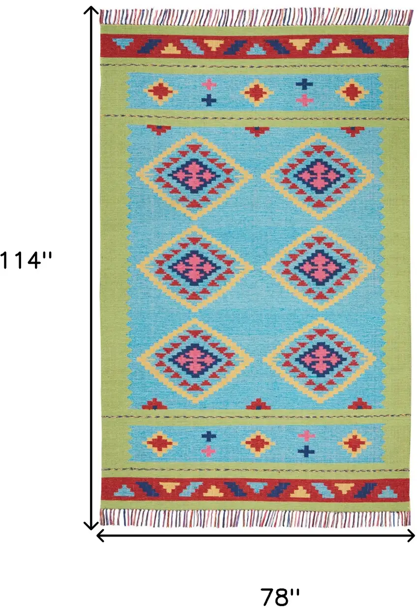 Blue and Green Southwestern Handmade Area Rug With Fringe Photo 3