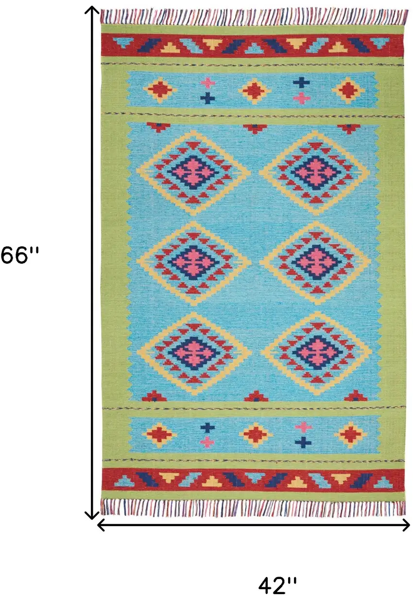 Blue and Green Southwestern Handmade Area Rug With Fringe Photo 3