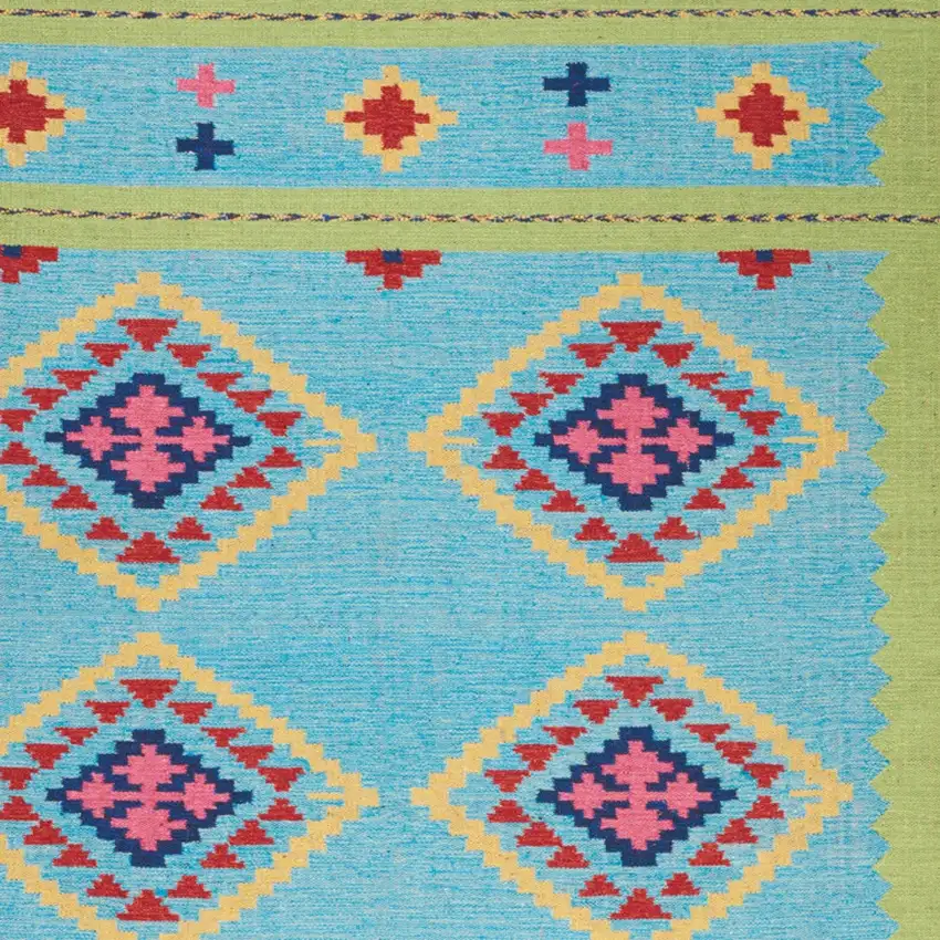 Blue and Green Southwestern Handmade Area Rug With Fringe Photo 8